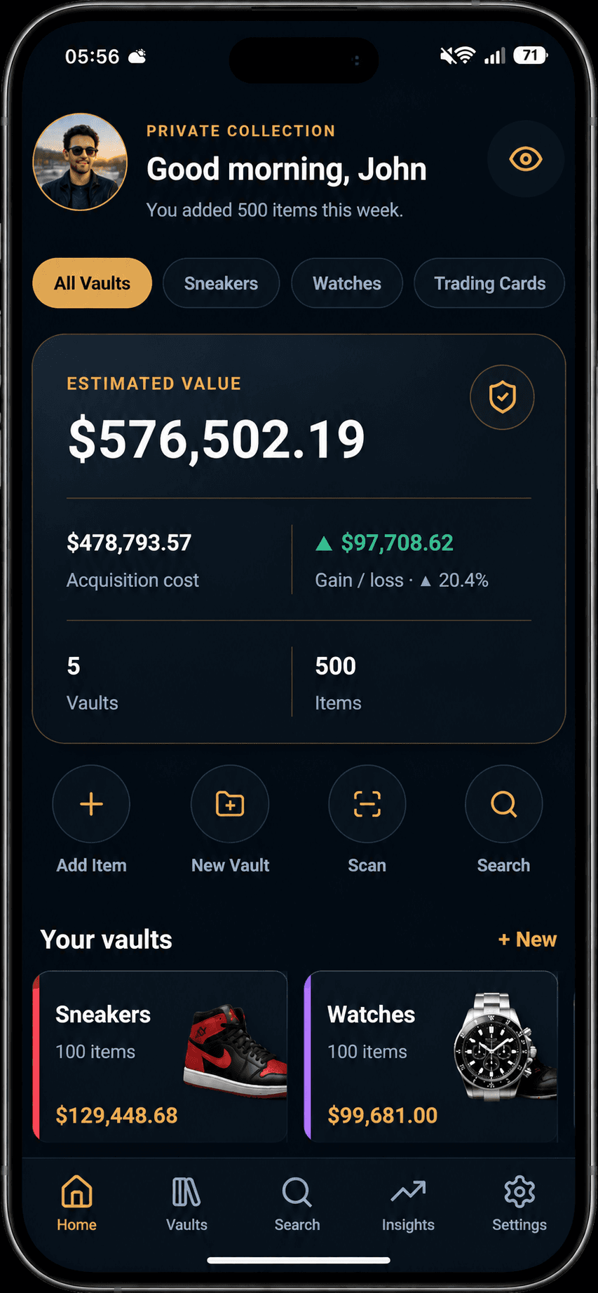 Flosna Vault collection dashboard